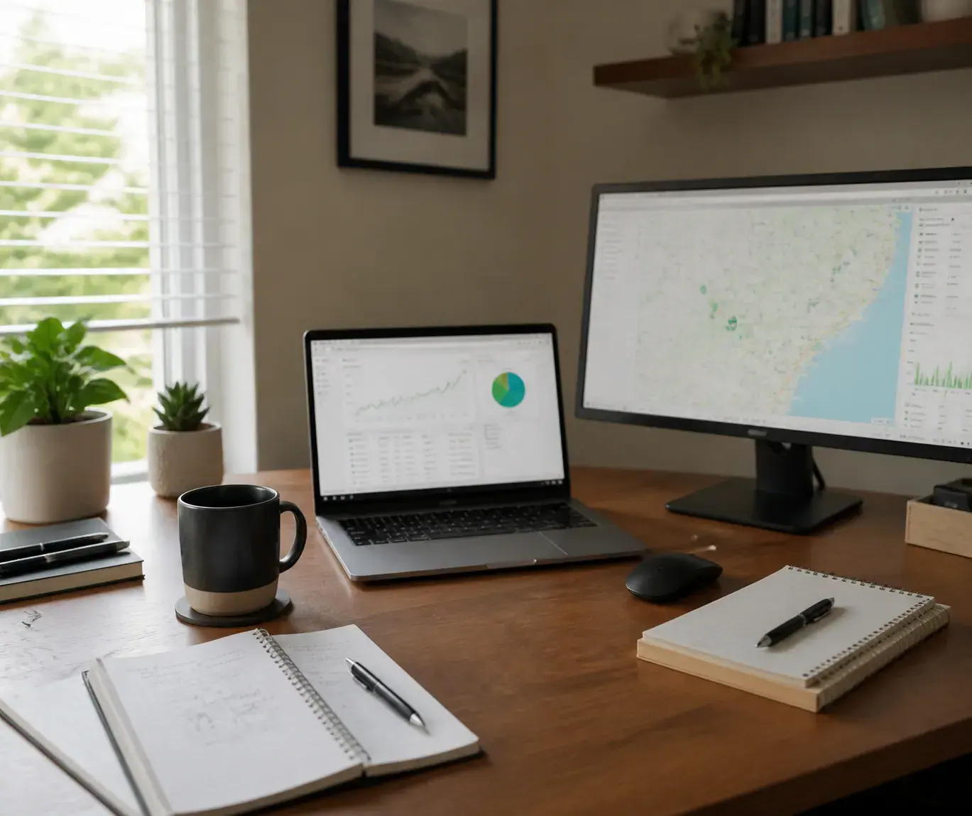 A remote marketing workspace with local search rankings and a map on screen