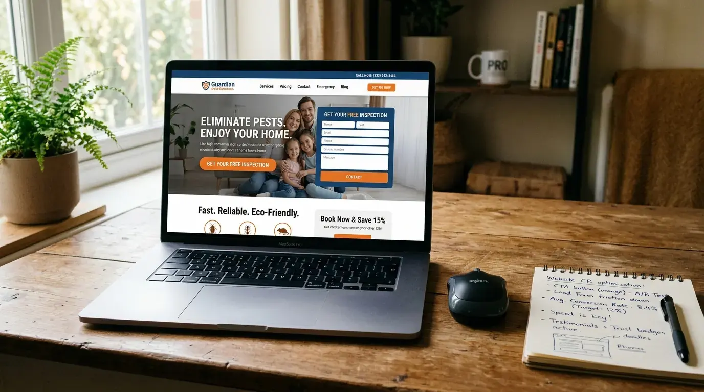 A high-converting pest control website displayed on a mobile smartphone and a desktop computer screen side-by-side.
