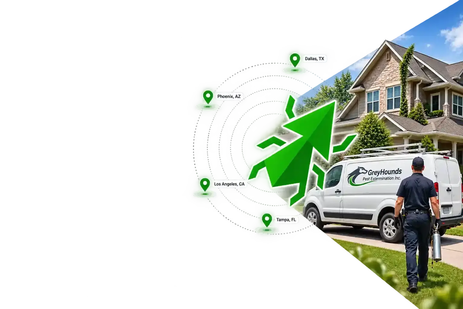 Pest control technician arriving at a suburban home, with map pins marking Dallas, Phoenix, Los Angeles and Tampa