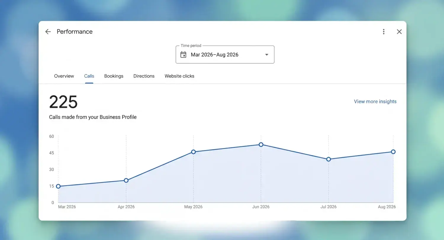 Google Business Profile performance report showing calls, direction requests and map views for a pest control company