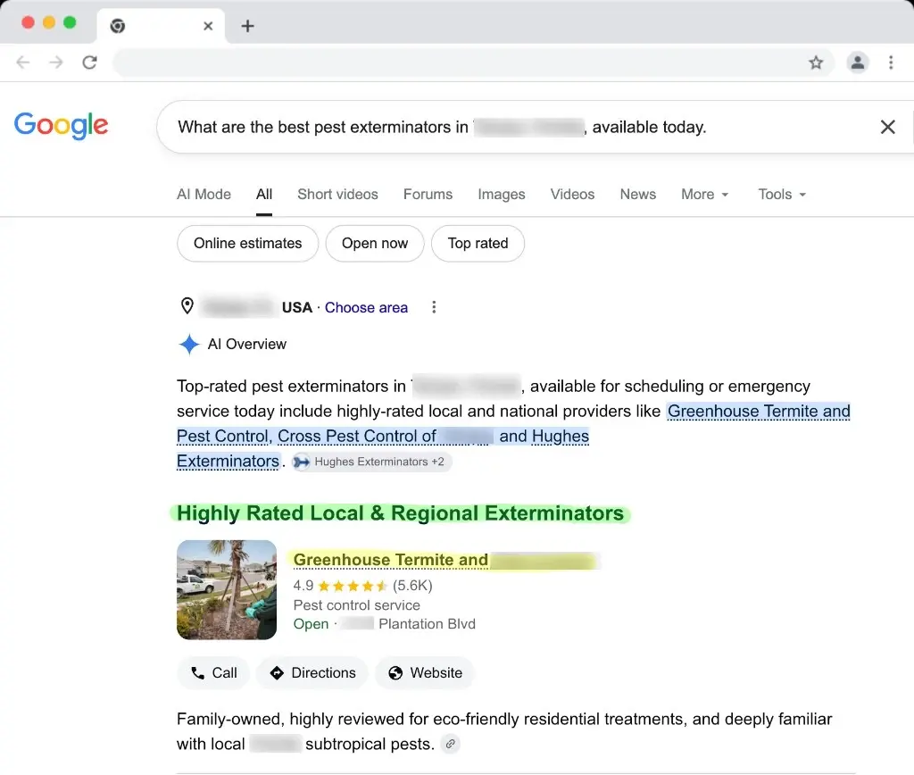 Google AI Overview for pest control near me with city names blurred