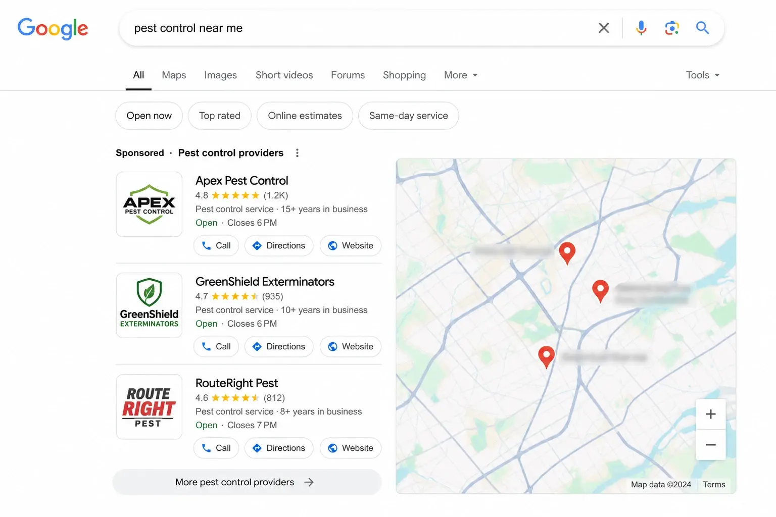 Google search bar and Map Pack for pest control near me with locations blurred