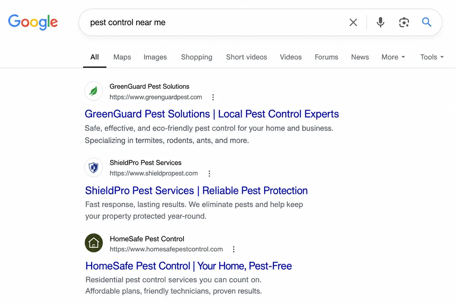 Google organic search results for pest control near me with Google logo beside the search bar